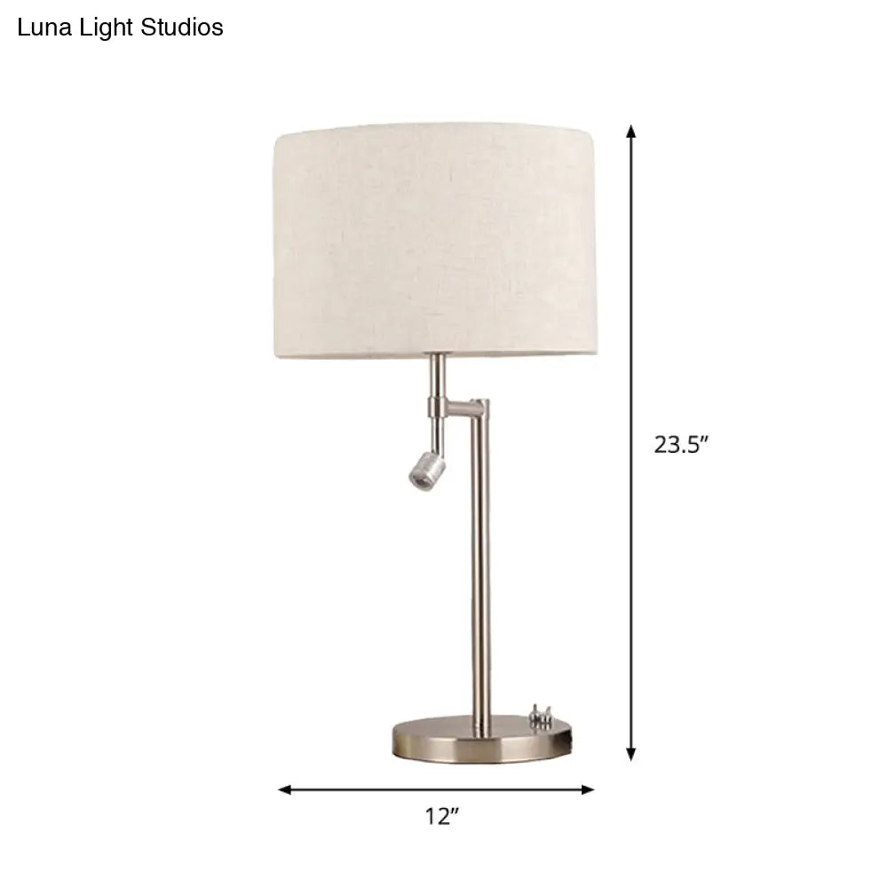 Minimalist White Nightstand Light With Swivelable Spotlight - Fabric Drum Shaped Table Lighting