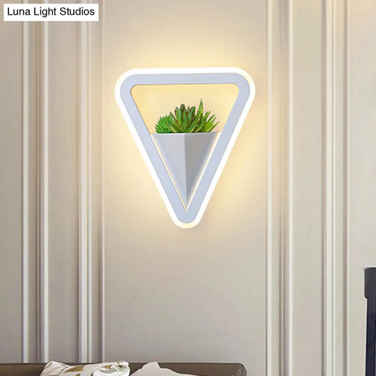 Minimalist White Sconce Light Fixture Acrylic Triangle Led Plant Wall Lamp In Warm/White