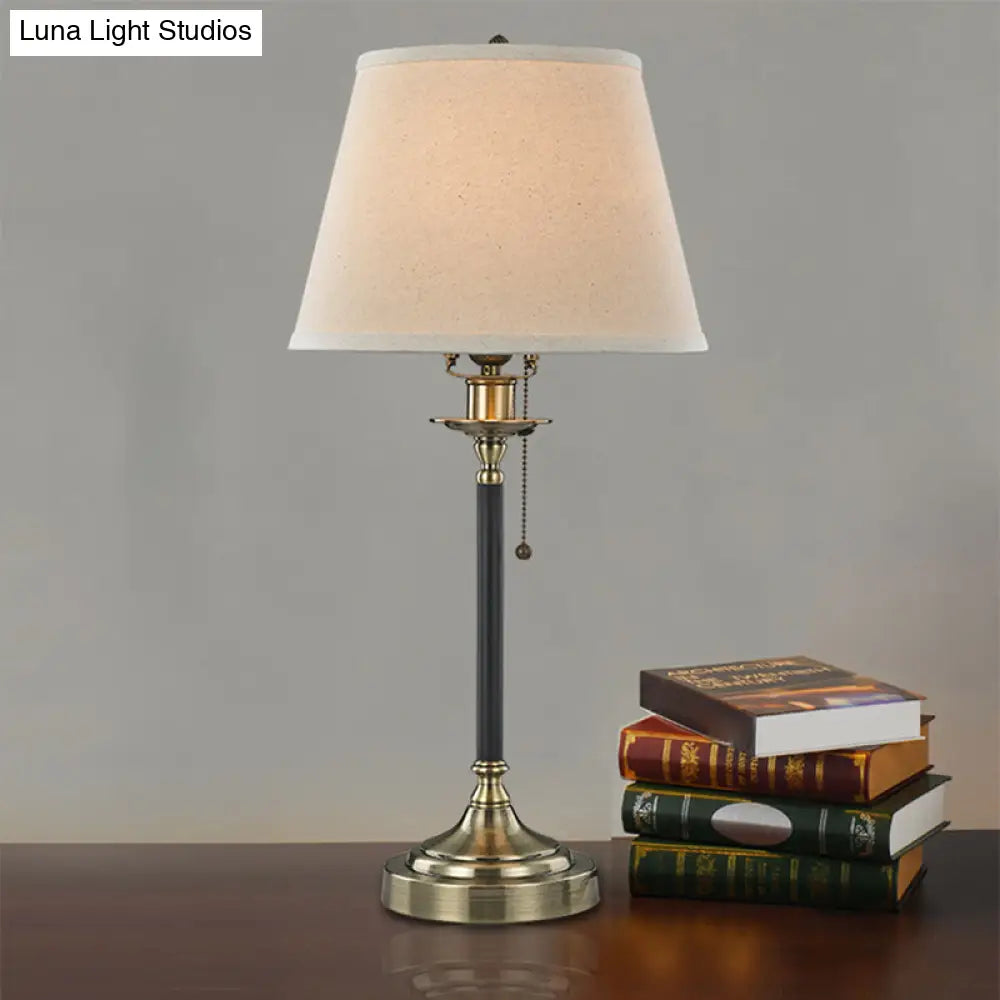 Minimalist White Table Lamp With Pull-Chain: 1-Bulb Dining Room Night Light Tapered Fabric Shade