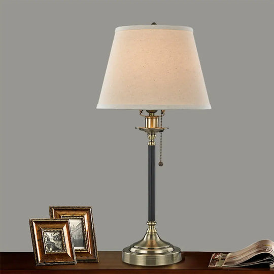 Minimalist White Table Lamp With Pull-Chain: 1-Bulb Dining Room Night Light Tapered Fabric Shade