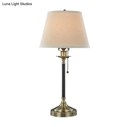 Minimalist White Table Lamp With Pull-Chain: 1-Bulb Dining Room Night Light Tapered Fabric Shade