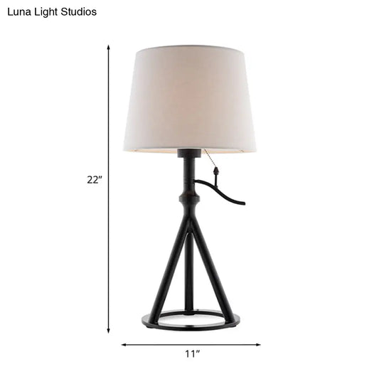 Minimalist White Tapered Drum Table Lamp With Black Tri-Leg Stand For Single Bedroom