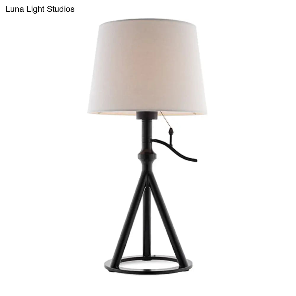 Minimalist White Tapered Drum Table Lamp With Black Tri-Leg Stand For Single Bedroom