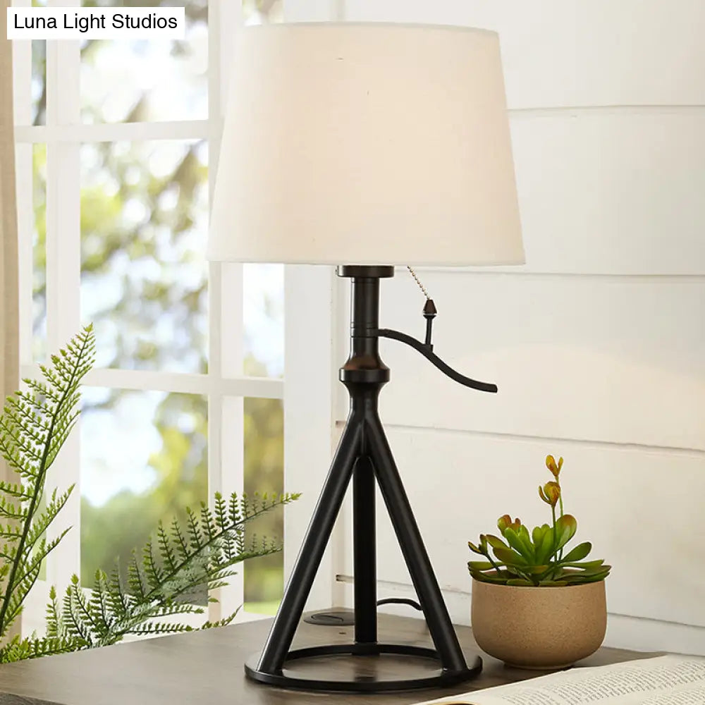 Minimalist White Tapered Drum Table Lamp With Black Tri-Leg Stand For Single Bedroom