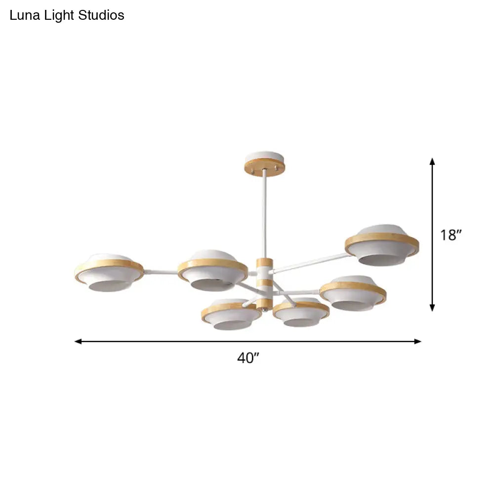 Minimalist White Ufo Ceiling Light: Iron Semi Flush Mount With Wooden Frame - 3/6 Bulbs