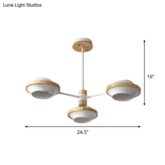 Minimalist White Ufo Ceiling Light: Iron Semi Flush Mount With Wooden Frame - 3/6 Bulbs