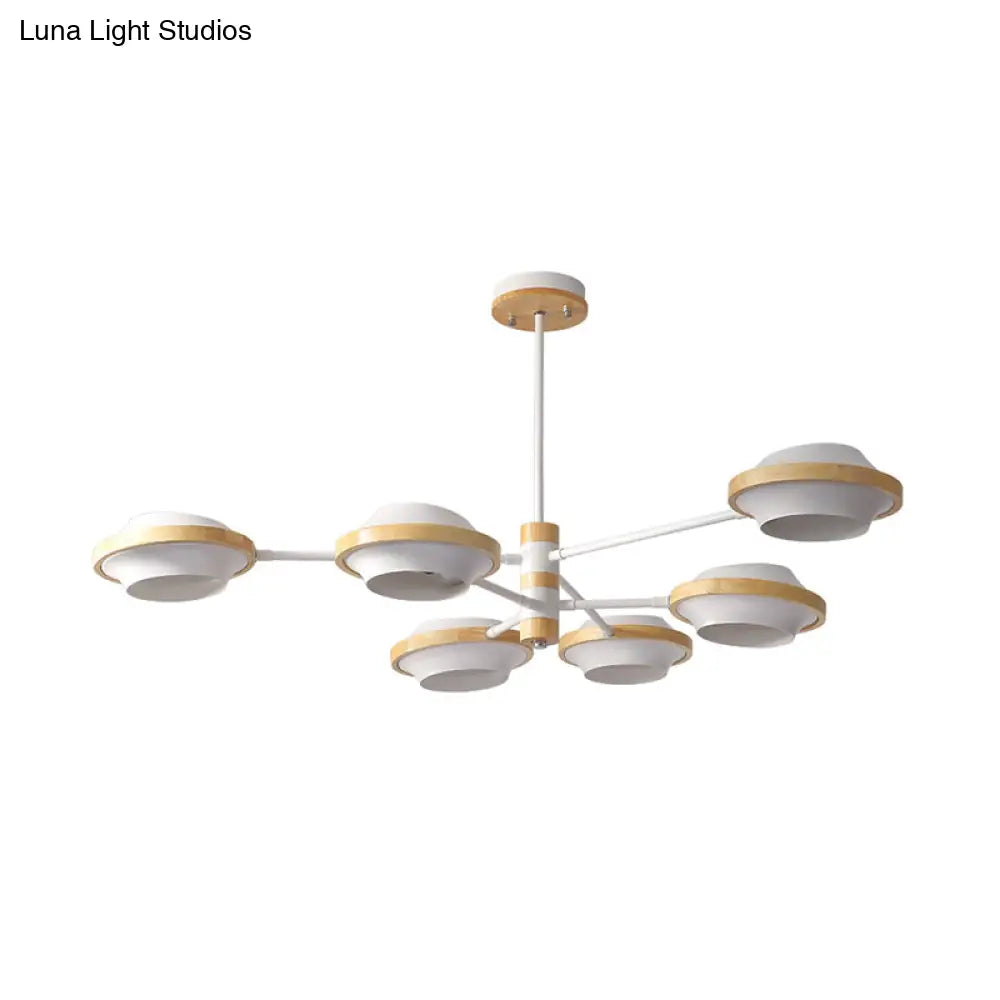 Minimalist White Ufo Ceiling Light: Iron Semi Flush Mount With Wooden Frame - 3/6 Bulbs