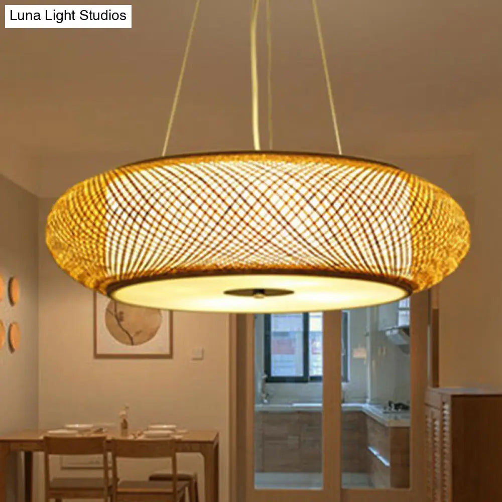 Minimalist Wood Bamboo Pendant Light: Rounded Drum Restaurant Chandelier With 3 Bulbs