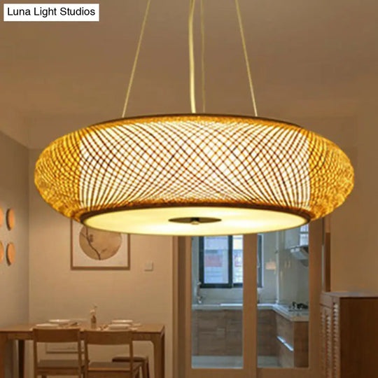 Minimalist Wood Bamboo Pendant Light: Rounded Drum Restaurant Chandelier With 3 Bulbs