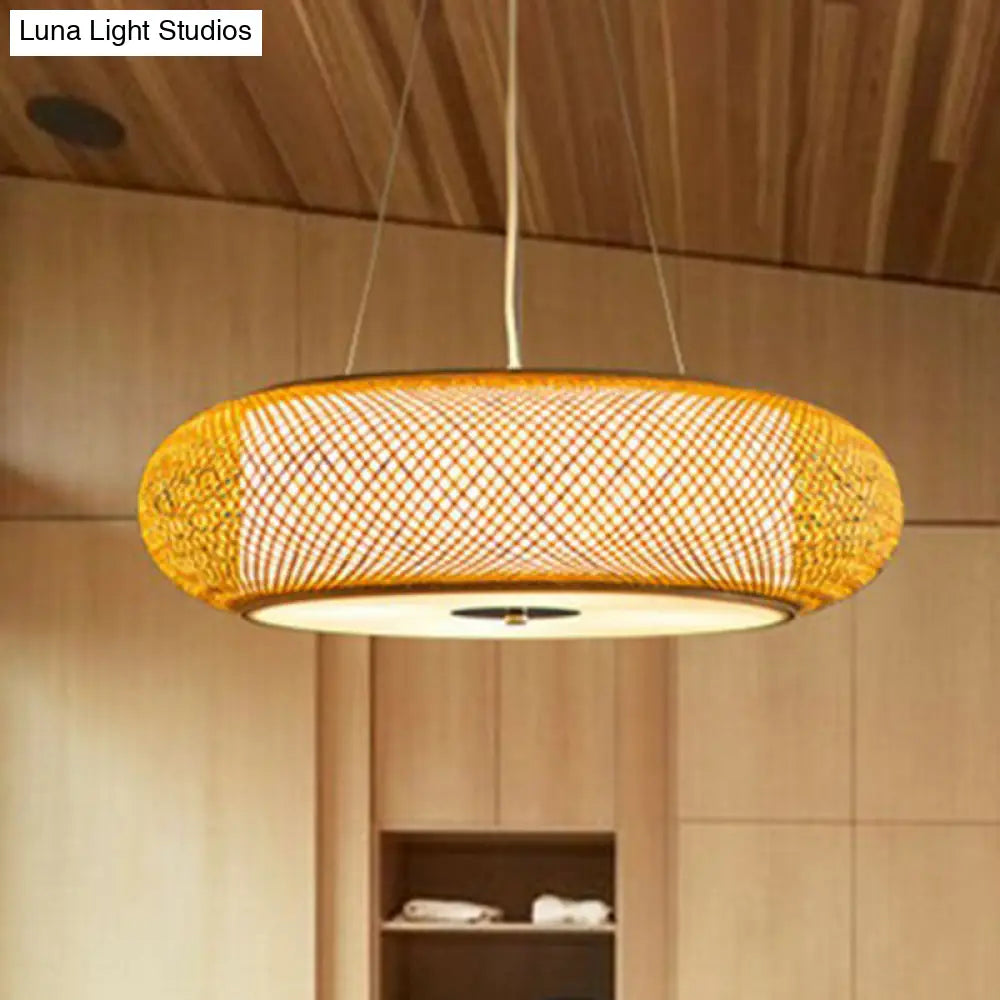 Minimalist Wood Bamboo Pendant Light: Rounded Drum Restaurant Chandelier With 3 Bulbs