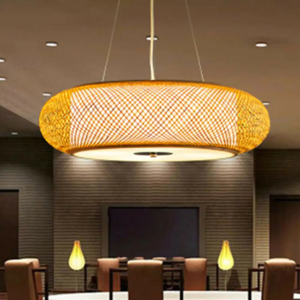 Minimalist Wood Bamboo Pendant Light: Rounded Drum Restaurant Chandelier With 3 Bulbs / 16