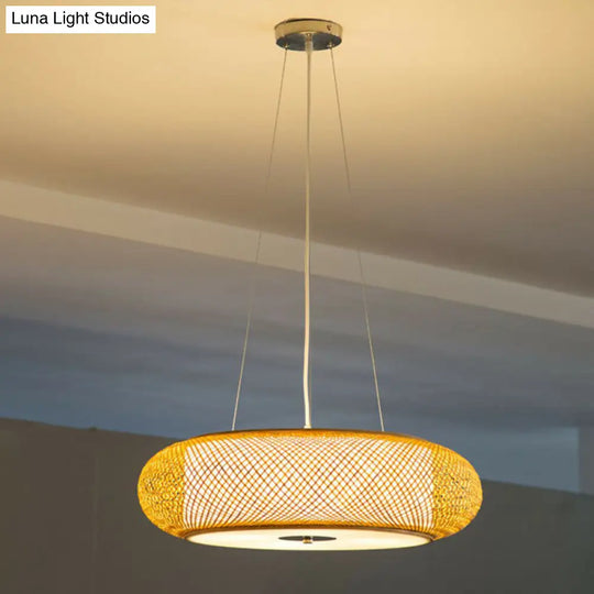 Minimalist Wood Bamboo Pendant Light: Rounded Drum Restaurant Chandelier With 3 Bulbs