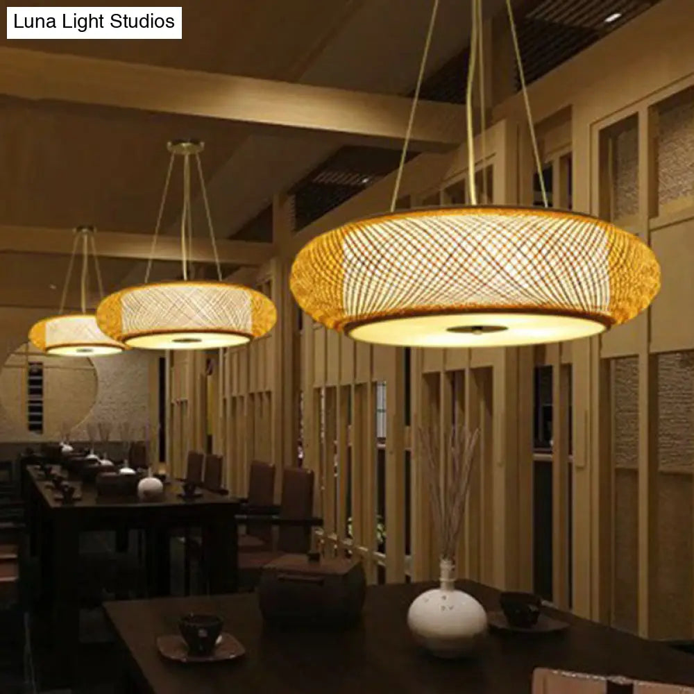 Minimalist Wood Bamboo Pendant Light: Rounded Drum Restaurant Chandelier With 3 Bulbs