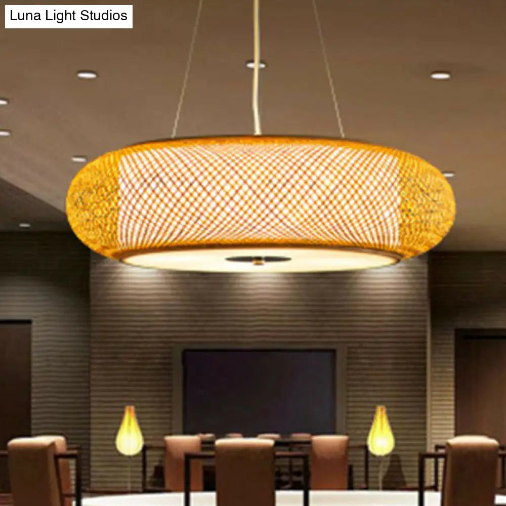 Minimalist Wood Bamboo Pendant Light: Rounded Drum Restaurant Chandelier With 3 Bulbs