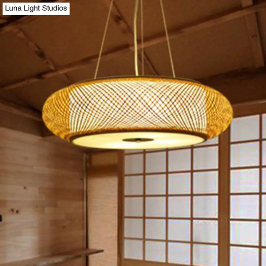 Minimalist Wood Bamboo Pendant Light: Rounded Drum Restaurant Chandelier With 3 Bulbs