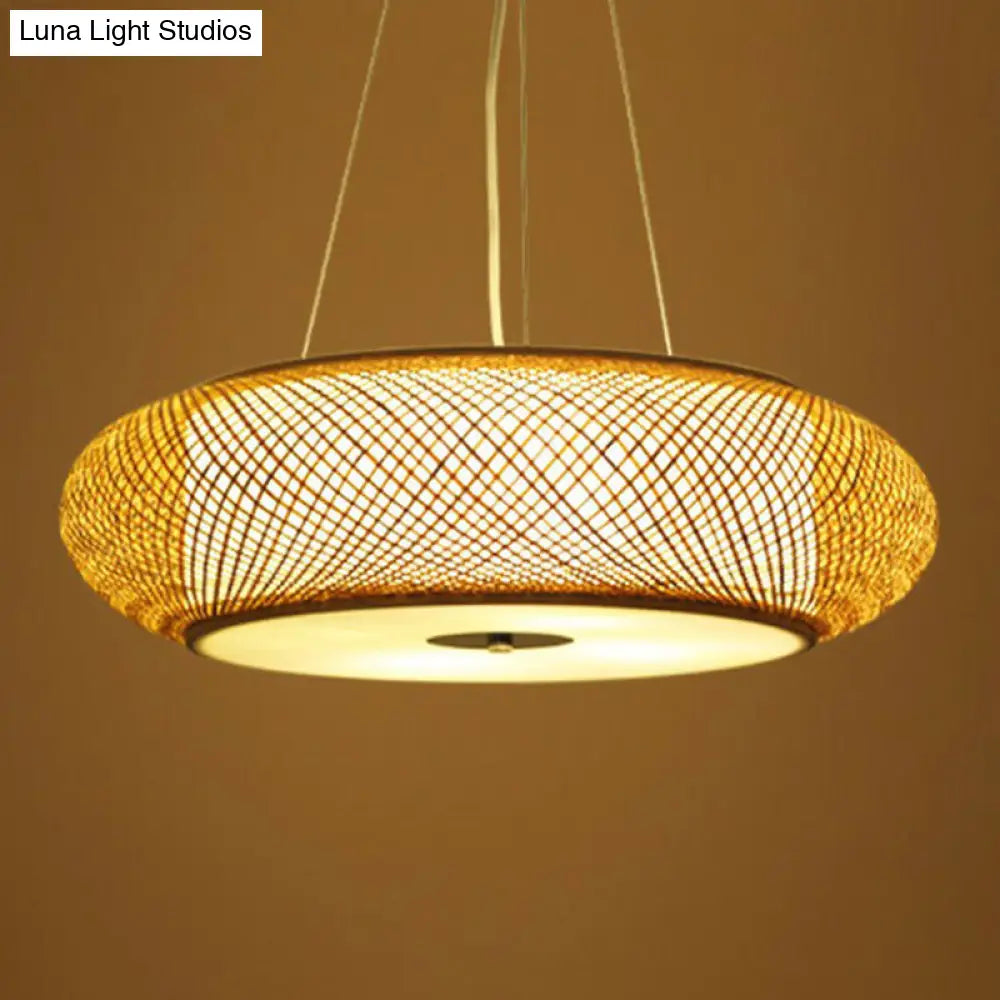 Minimalist Wood Bamboo Pendant Light: Rounded Drum Restaurant Chandelier With 3 Bulbs