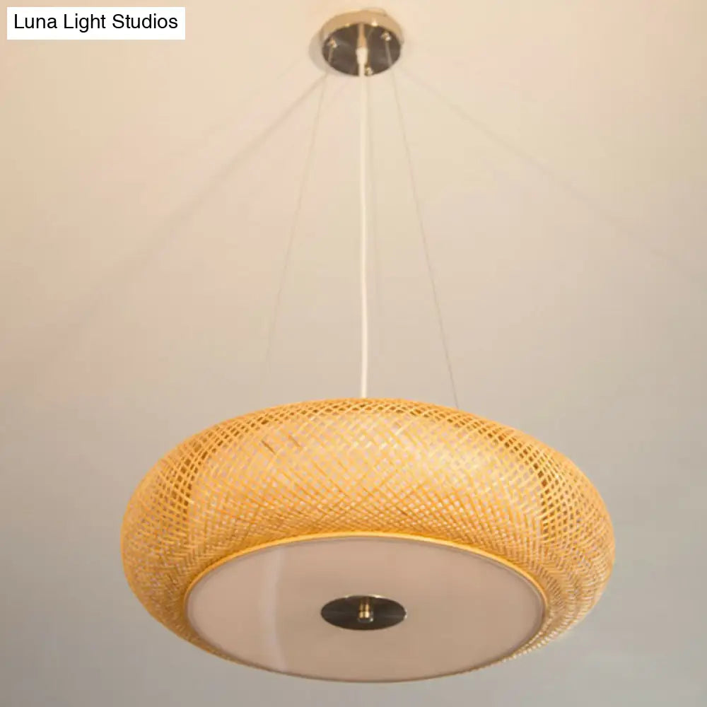 Minimalist Wood Bamboo Pendant Light: Rounded Drum Restaurant Chandelier With 3 Bulbs