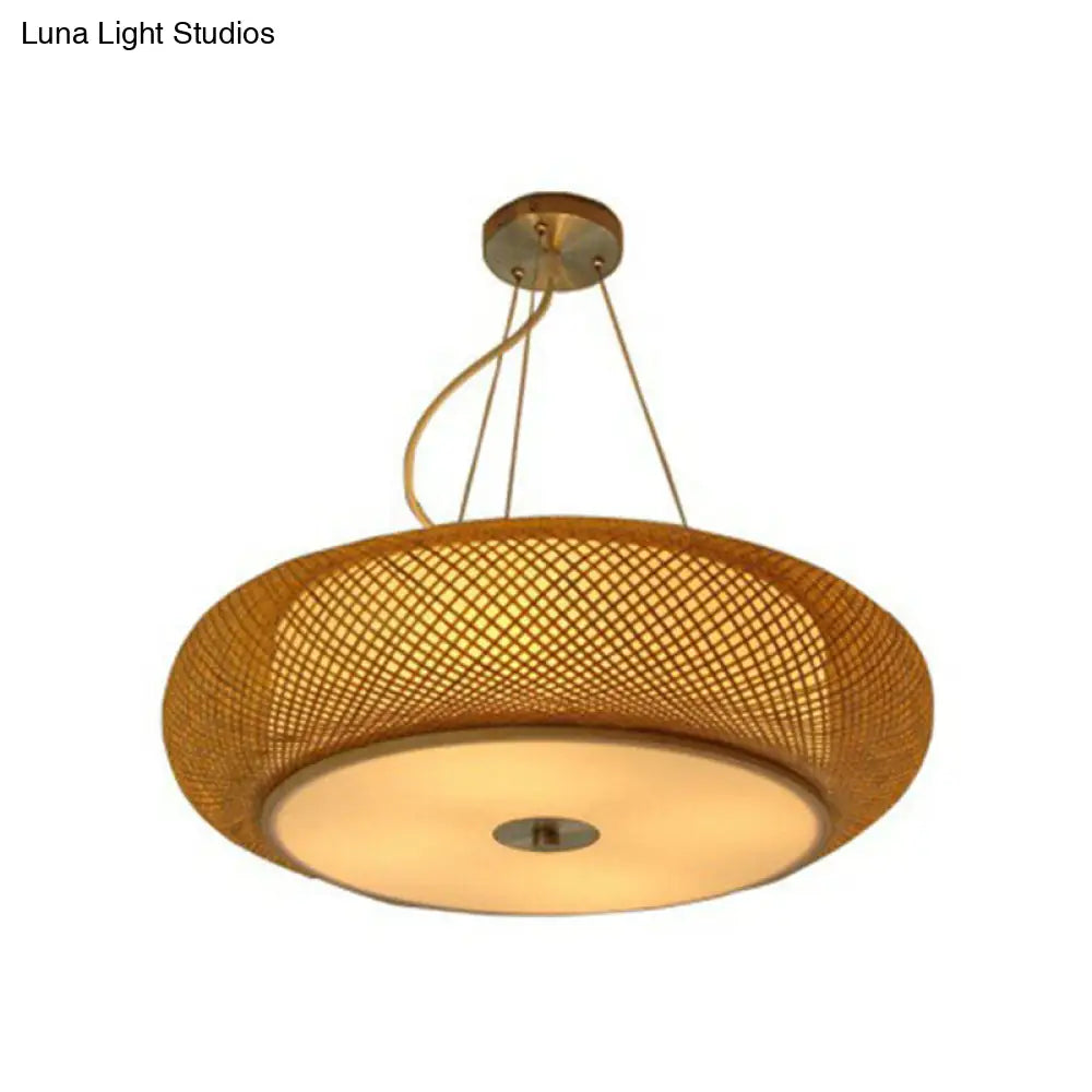 Minimalist Wood Bamboo Pendant Light: Rounded Drum Restaurant Chandelier With 3 Bulbs