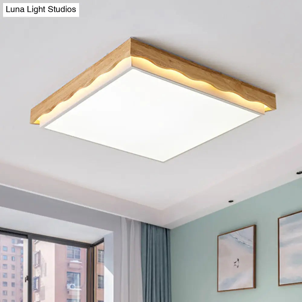 Minimalist Wood Beige Led Ceiling Light For Bedroom - Rectangular/Square Shapes In White/Warm With