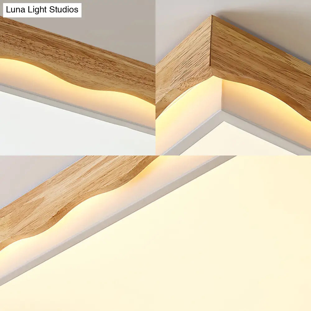 Minimalist Wood Beige Led Ceiling Light For Bedroom - Rectangular/Square Shapes In White/Warm With