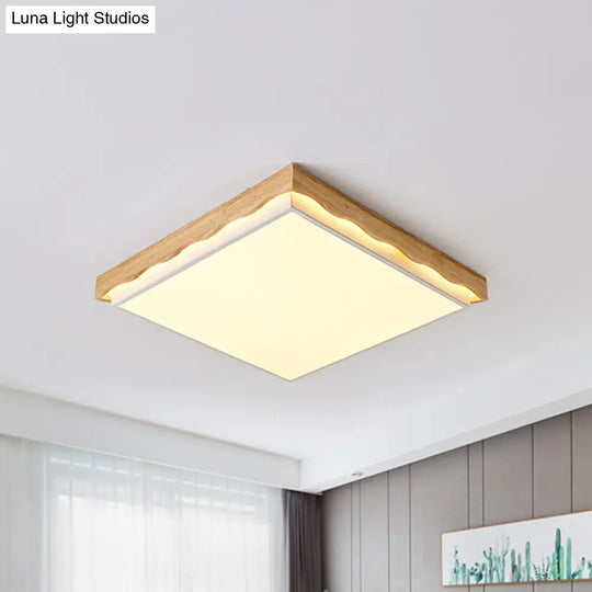 Minimalist Wood Beige Led Ceiling Light For Bedroom - Rectangular/Square Shapes In White/Warm With