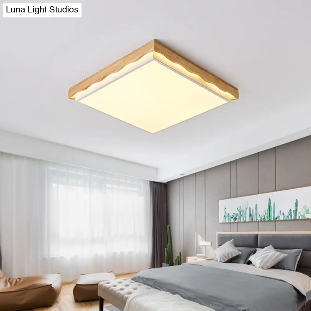 Minimalist Wood Beige Led Ceiling Light For Bedroom - Rectangular/Square Shapes In White/Warm With