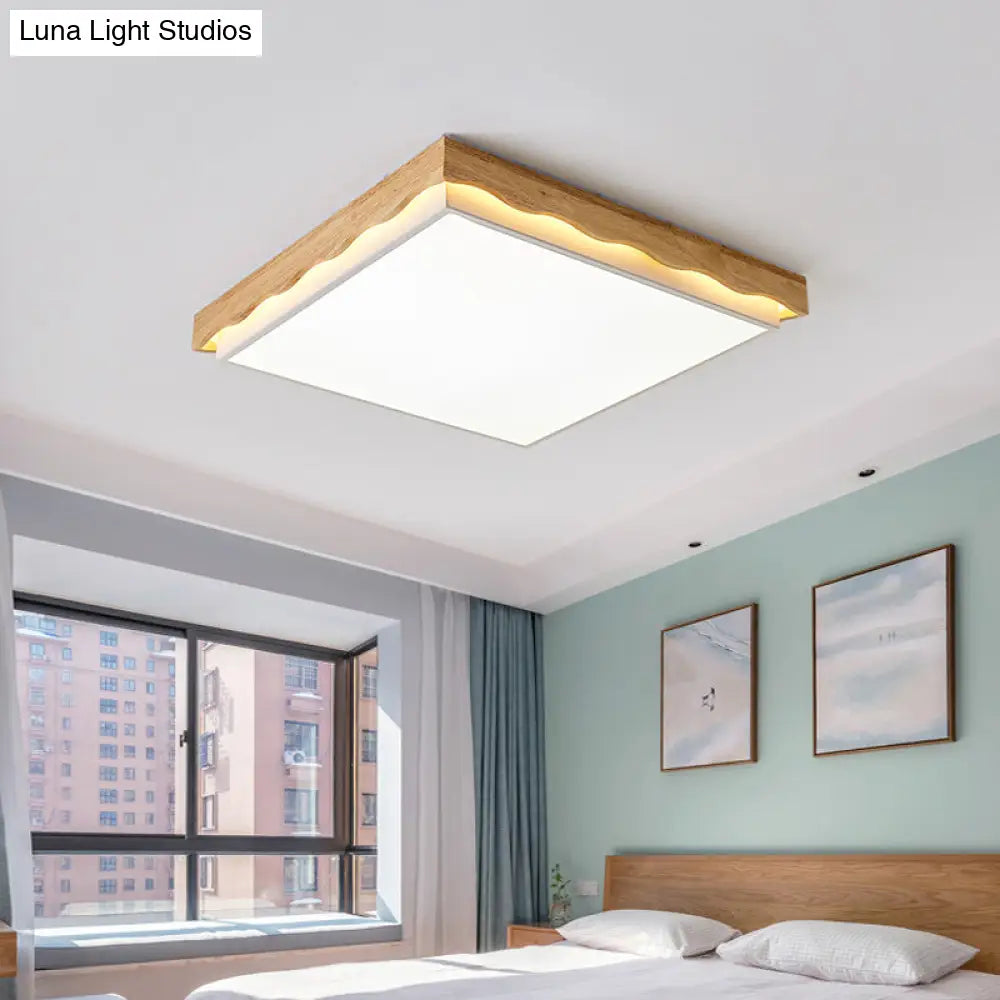 Minimalist Wood Beige Led Ceiling Light For Bedroom - Rectangular/Square Shapes In White/Warm With