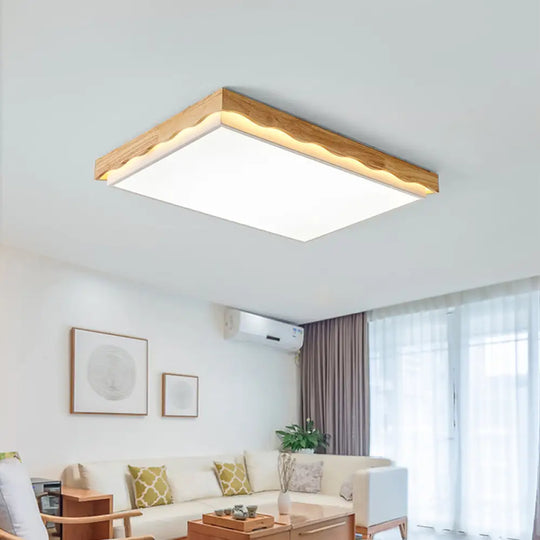 Minimalist Wood Beige Led Ceiling Light For Bedroom - Rectangular/Square Shapes In White/Warm With