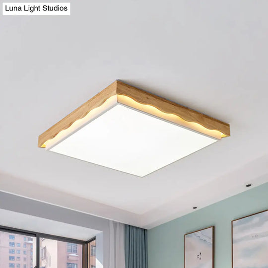 Minimalist Wood Beige Led Ceiling Light For Bedroom - Rectangular/Square Shapes In White/Warm With