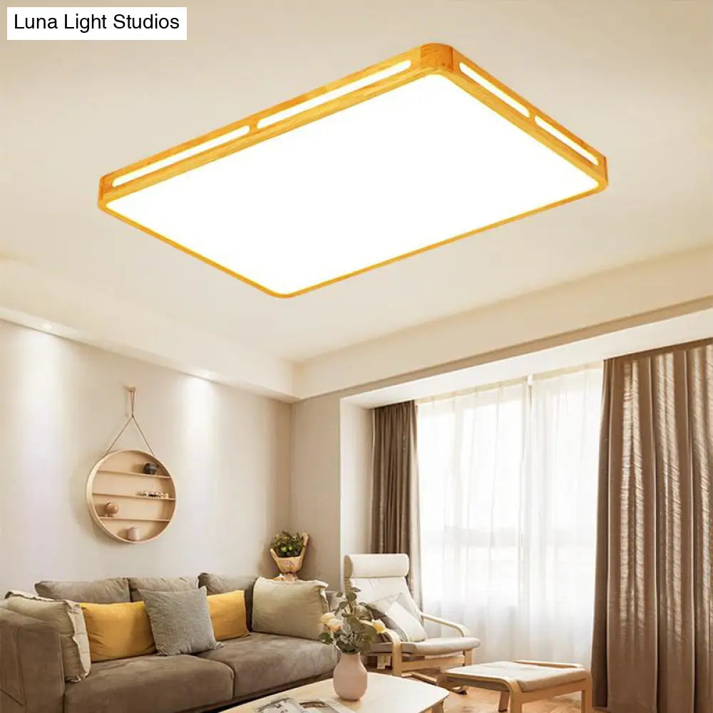 Minimalist Wood Beige Led Flush Mount Lamp For Bedroom - 25.5’/37.5’ Wide Rectangle Ceiling Light