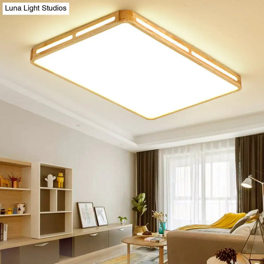 Minimalist Wood Beige Led Flush Mount Lamp For Bedroom - 25.5/37.5 Wide Rectangle Ceiling Light /