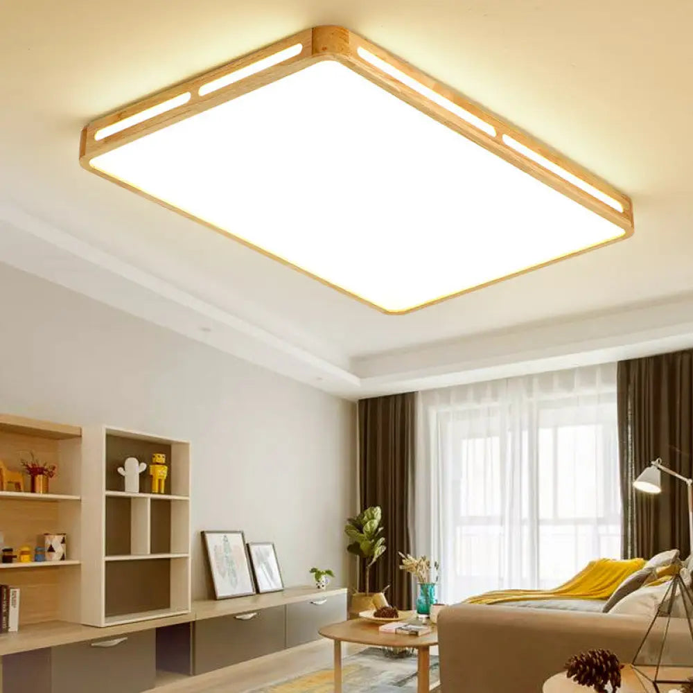 Minimalist Wood Beige Led Flush Mount Lamp For Bedroom - 25.5’/37.5’ Wide Rectangle Ceiling