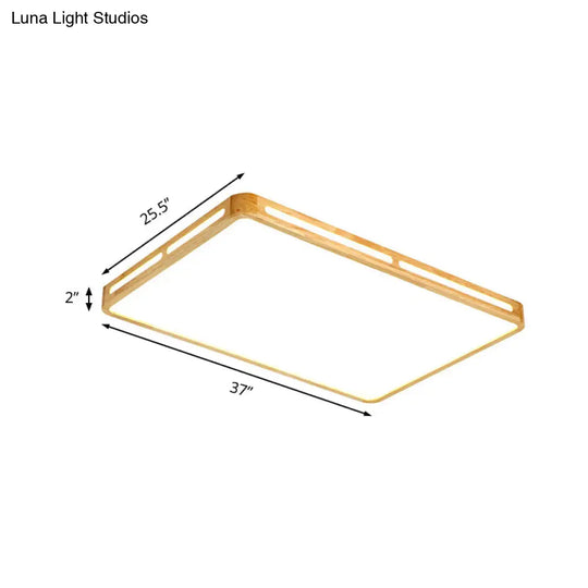 Minimalist Wood Beige Led Flush Mount Lamp For Bedroom - 25.5’/37.5’ Wide Rectangle Ceiling Light