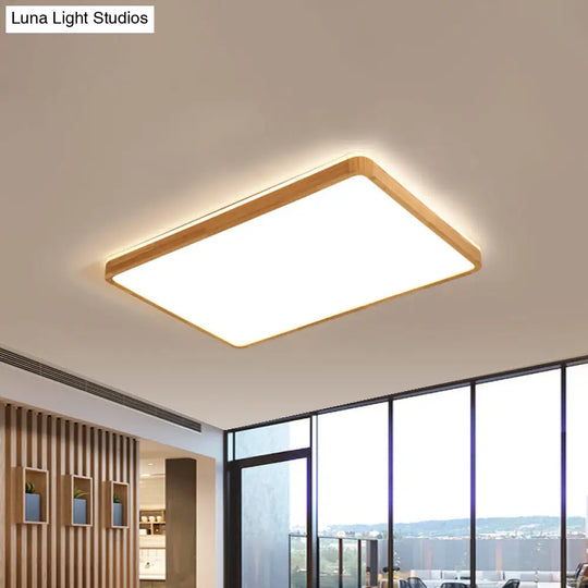 Minimalist Wood Ceiling Lamp Led Flushmount Lighting In Beige Square/Oblong Shape 17/21/25.5 Length