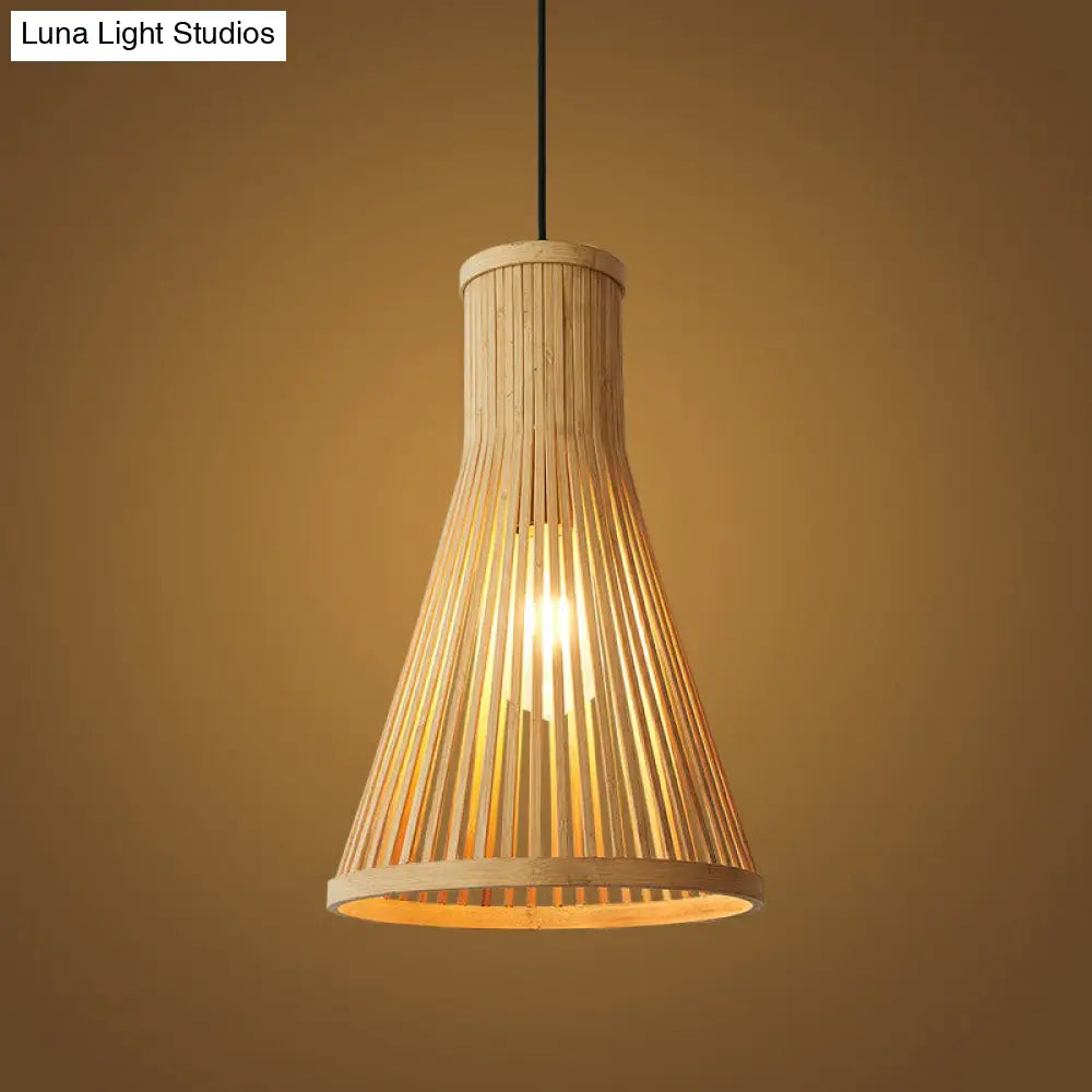 Minimalist Wood Cone Pendant Light For Tea Room Ceiling With Bamboo Shade