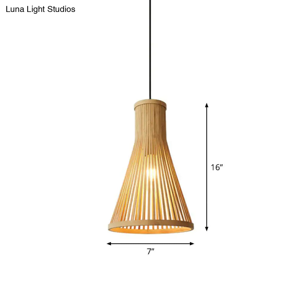 Minimalist Wood Cone Pendant Light For Tea Room Ceiling With Bamboo Shade