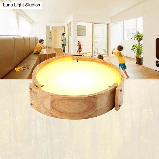 Minimalist Wood Drum Flush Mount Lighting For Bedroom - Led Fixture With Acrylic Shade