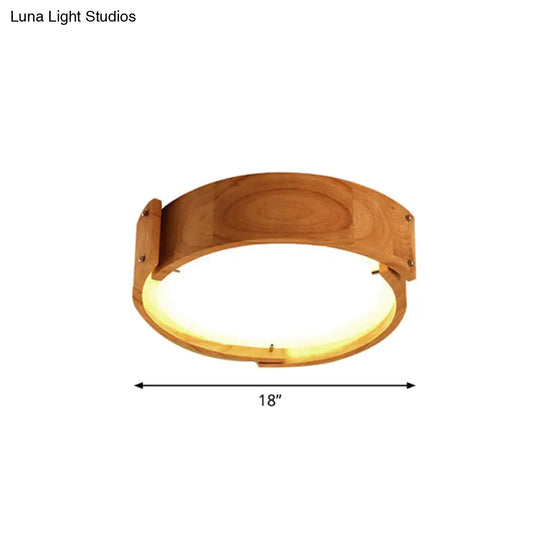 Minimalist Wood Drum Flush Mount Lighting For Bedroom - Led Fixture With Acrylic Shade