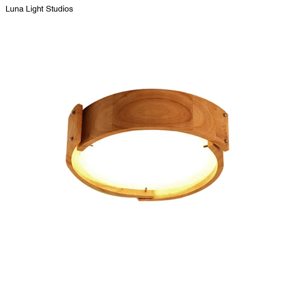 Minimalist Wood Drum Flush Mount Lighting For Bedroom - Led Fixture With Acrylic Shade