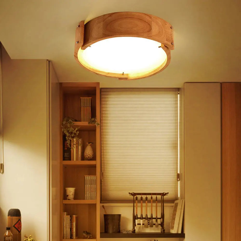 Minimalist Wood Drum Flush Mount Lighting For Bedroom - Led Fixture With Acrylic Shade / White