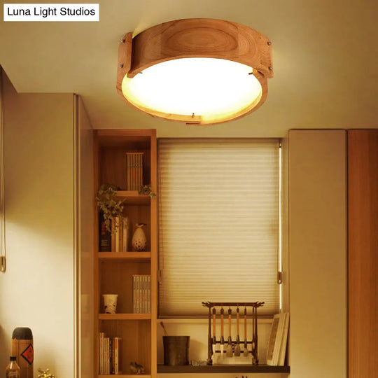 Minimalist Wood Drum Led Flush Mount Ceiling Light For Bedroom