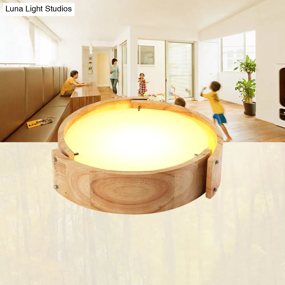 Minimalist Wood Drum Led Flush Mount Ceiling Light For Bedroom