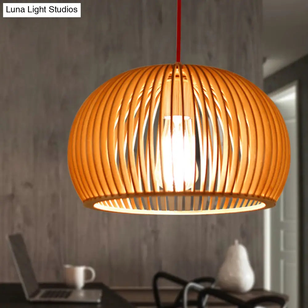 Minimalist Wood Hemisphere Pendant Ceiling Lamp Single-Bulb Beige Hang Light 14’/18’ Width
