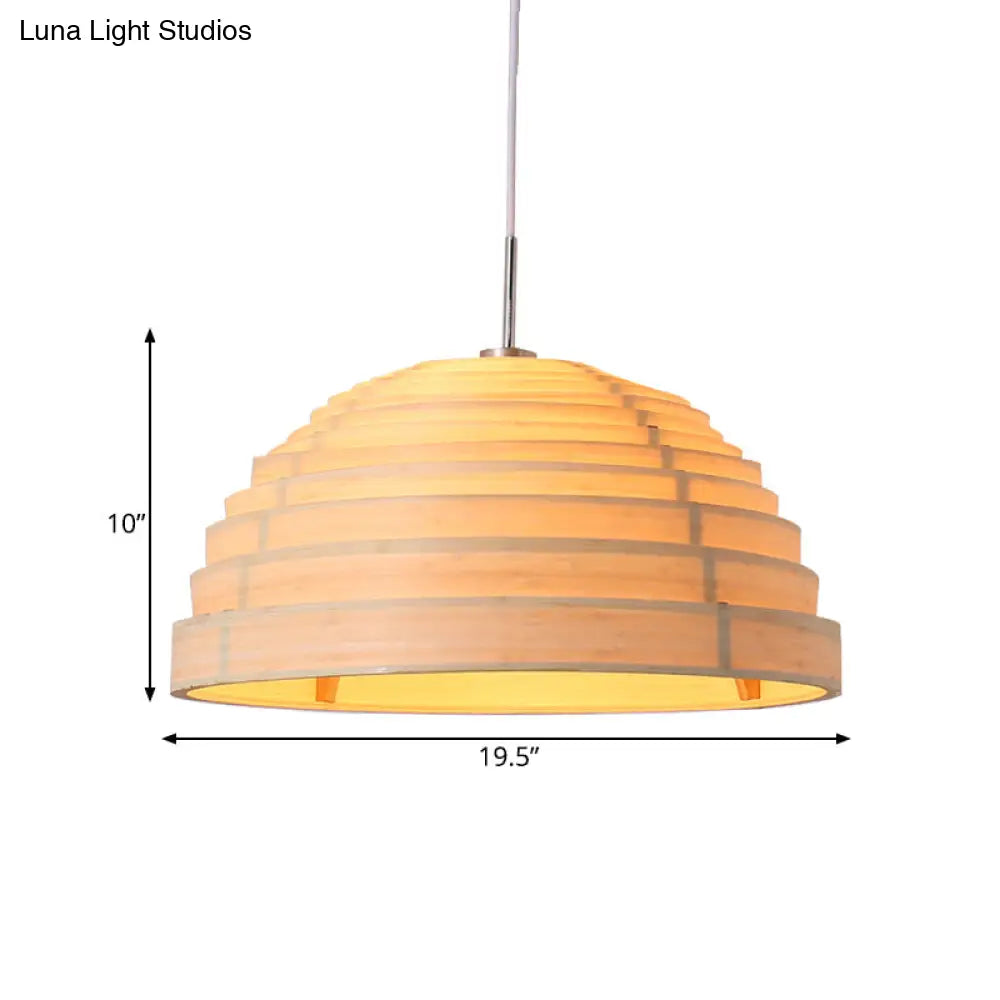 Minimalist Wood Hemispherical Pendant Light In Beige For Living Room Ceiling