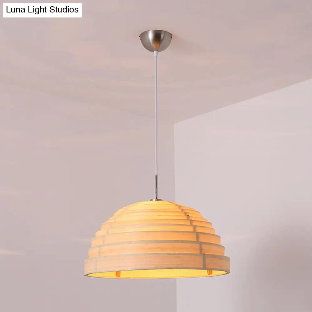 Minimalist Wood Hemispherical Pendant Light In Beige For Living Room Ceiling