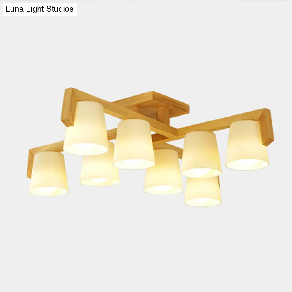 Minimalist Wood & Ivory Glass Ceiling Lamp For Bedroom