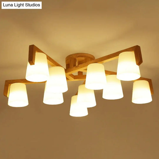Ivory Glass Conical Ceiling Suspension Lamp - Minimalist Wood Chandelier For Bedroom 10 /