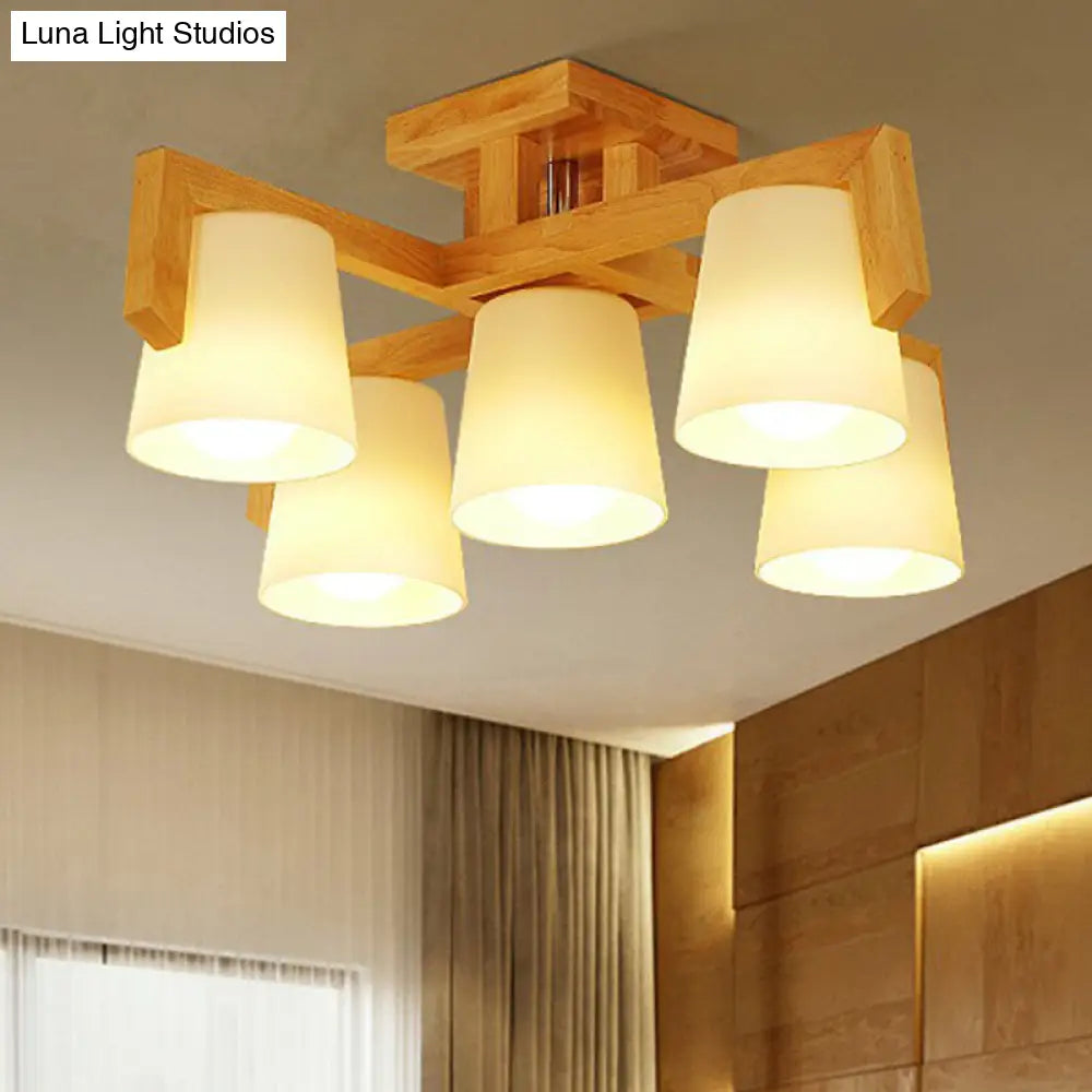 Ivory Glass Conical Ceiling Suspension Lamp - Minimalist Wood Chandelier For Bedroom 5 /
