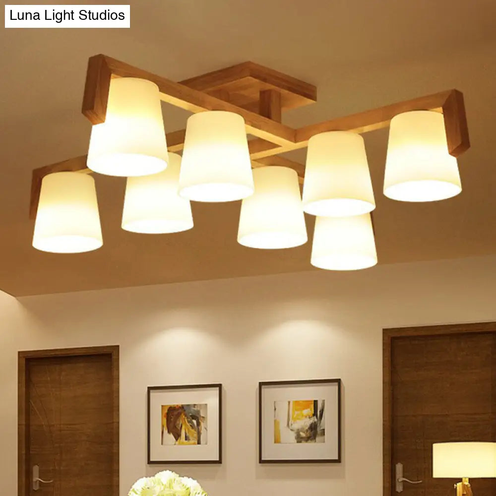 Ivory Glass Conical Ceiling Suspension Lamp - Minimalist Wood Chandelier For Bedroom 8 /