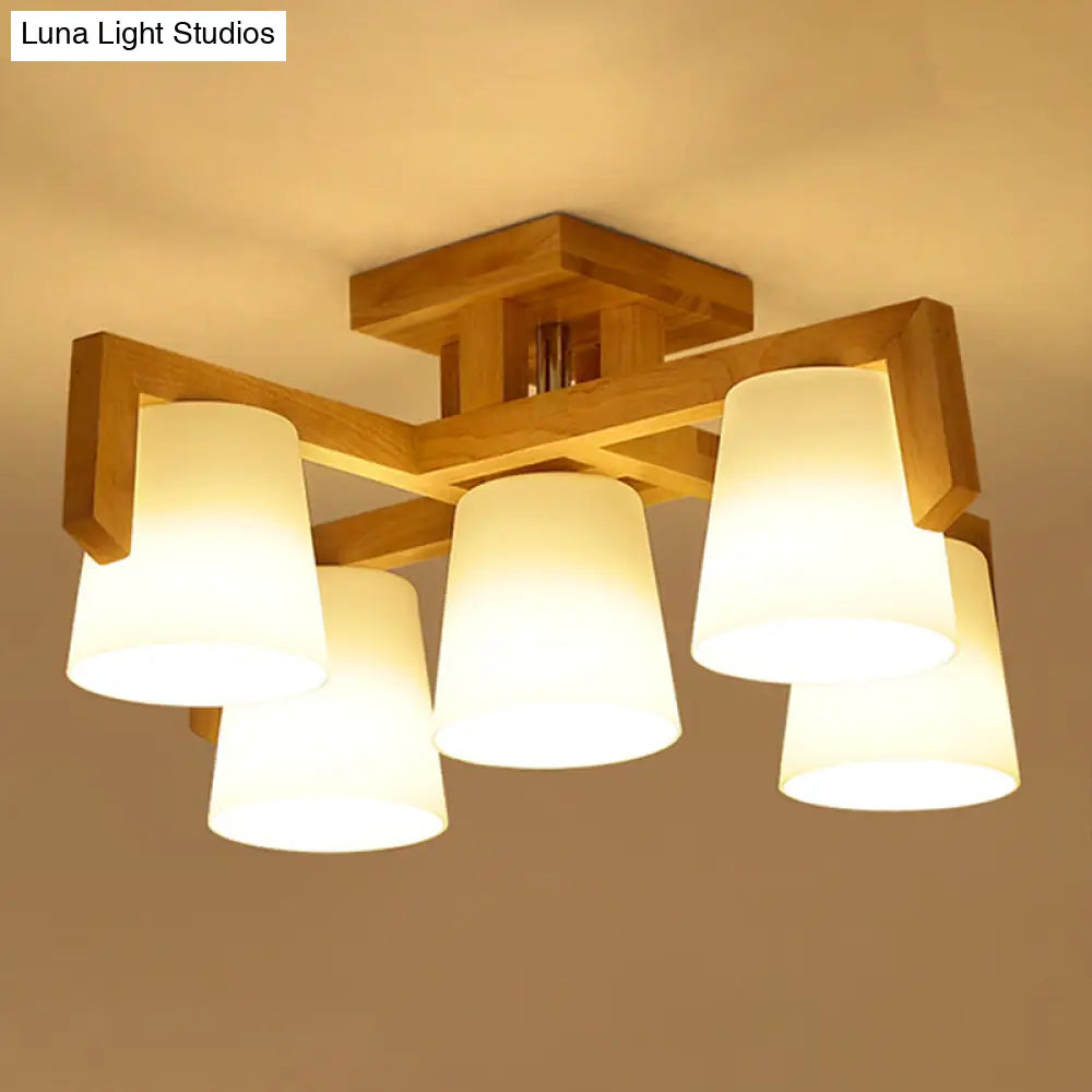 Ivory Glass Conical Ceiling Suspension Lamp - Minimalist Wood Chandelier For Bedroom